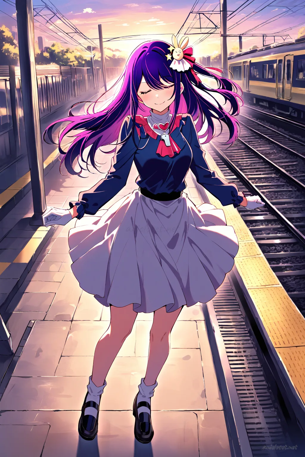 Illustration of Ai Hoshino standing full body wearing navy short-sleeve jacket, pleated skirt, cap, white gloves, and mary jane shoes
