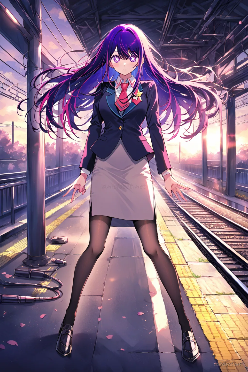 Illustration of Ai Hoshino wearing a navy tactical vest over a fitted white shirt, black cargo skirt, holster belt, holding a helmet under her arm, and combat boots