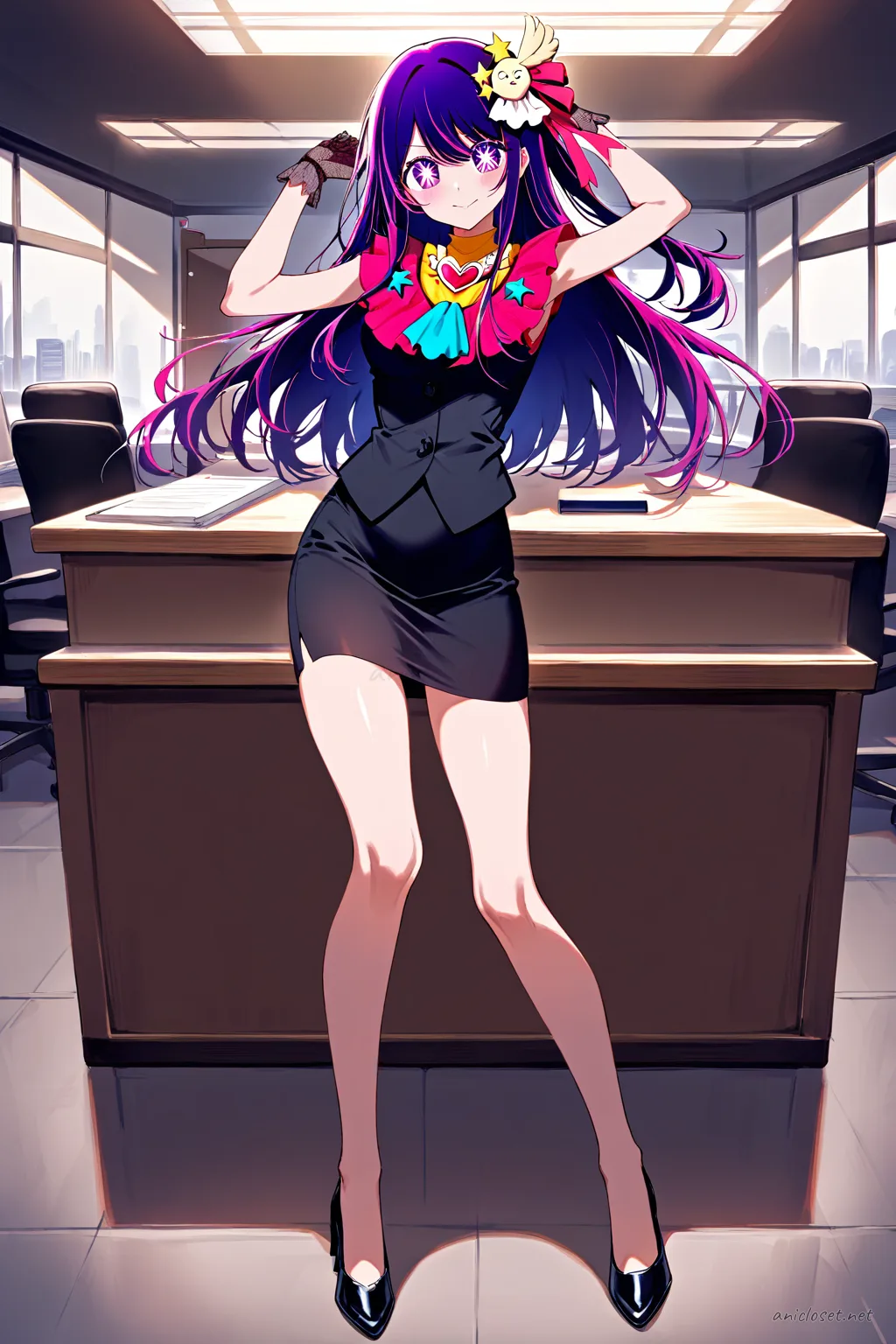 Full body front view of Ai Hoshino wearing a tailored hotel concierge uniform with fitted vest, white blouse, pencil skirt, and black pumps