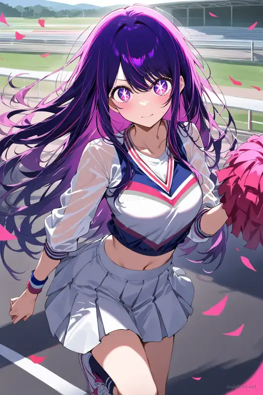 Full body front view of Ai Hoshino in cheer squad crop sweater, short pleated skirt, knee socks, sneakers, and wristband