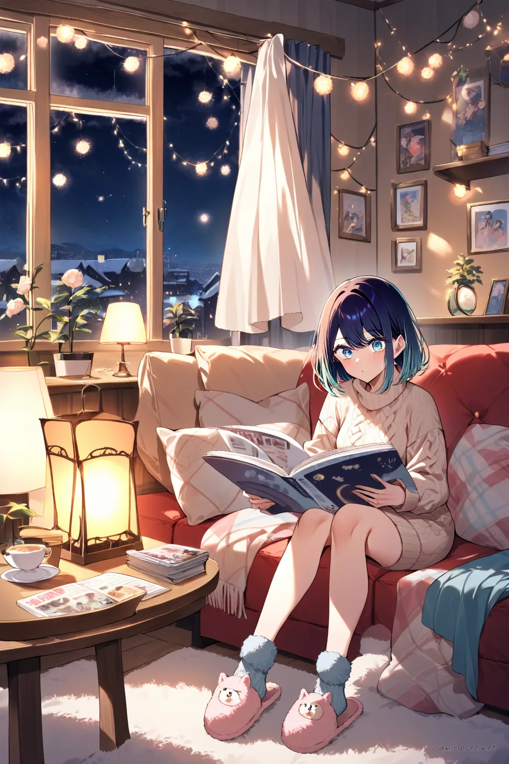 Full body front view of Akane Kurokawa wearing a cream cable knit sweater dress with brown belt, fuzzy knee socks, and beige house slippers, curling on sofa with open magazine and throw blanket