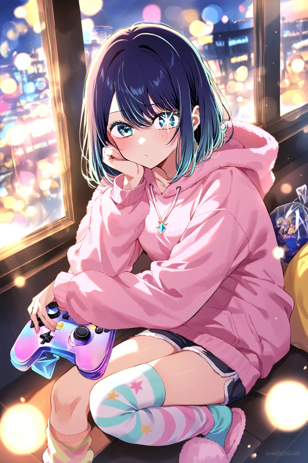 Illustration of Akane Kurokawa in pastel pink fleece hoodie with star print and white short shorts, sitting on bedroom carpet with game controller and snack bag