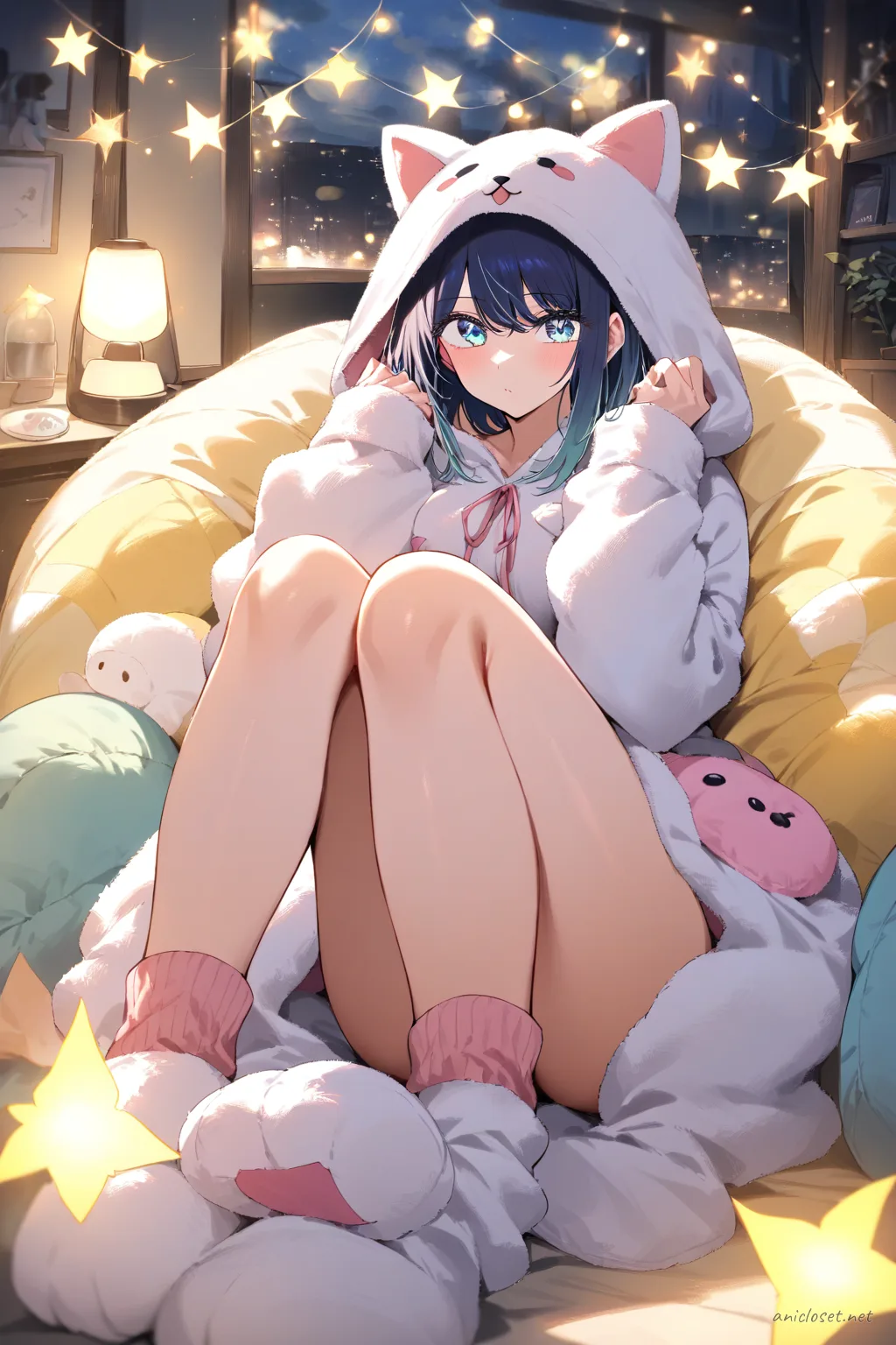 Akane Kurokawa wearing a one-piece animal kigurumi pajama with plush costume-ear hood and paw cuffs, hugging a matching plush while seated on a beanbag in a room lit by fairy lights