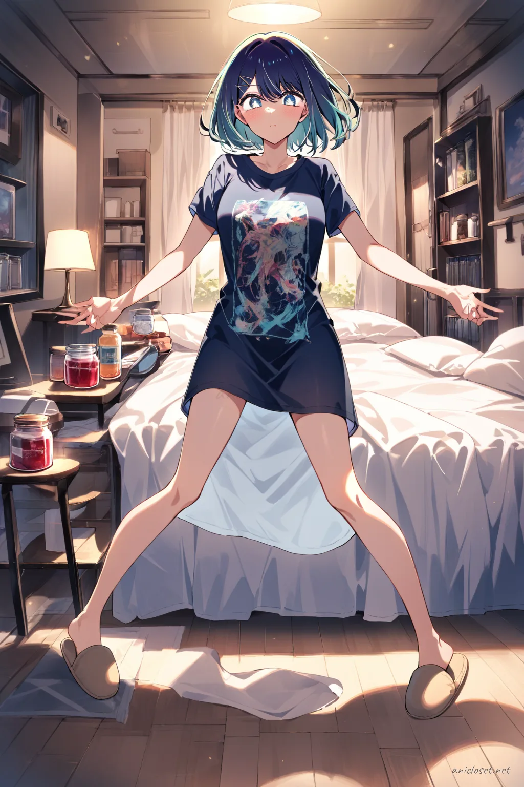 Illustration of Akane Kurokawa standing relaxed in a kitchen doorway wearing a soft cotton robe over a simple slip dress, minimal hair clip, and plain slippers holding toast