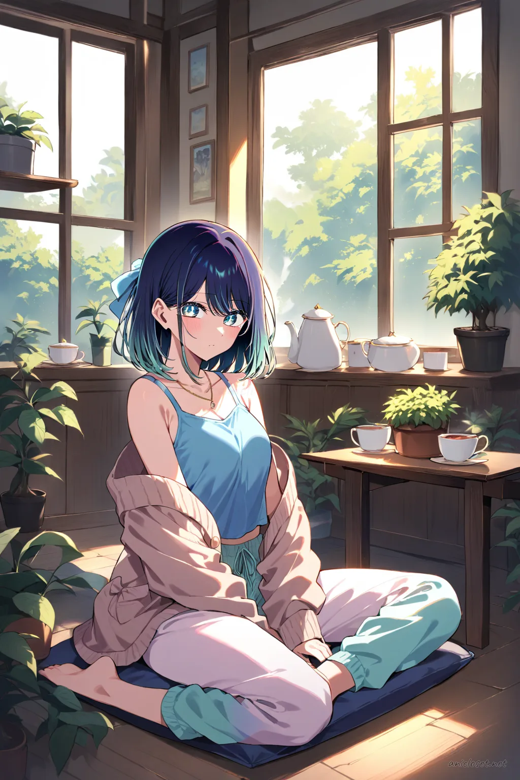 Full body illustration of Akane Kurokawa standing in soft ribbed tank top, short knit cardigan, wide pastel pants, hair ribbon, and slippers