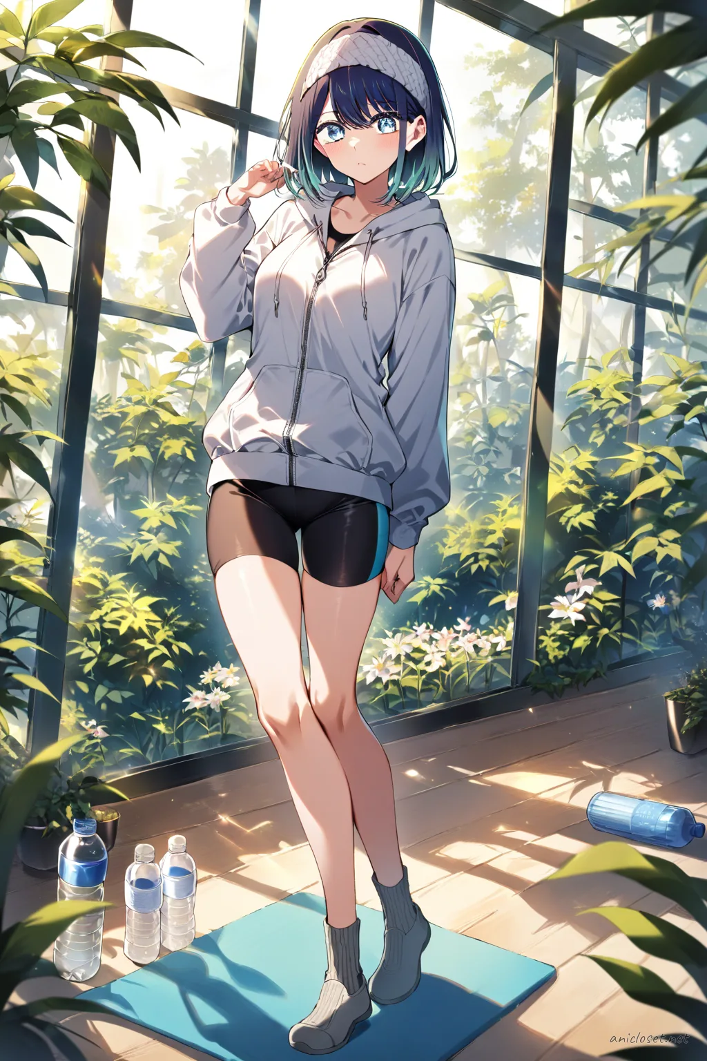 Full body illustration of Akane Kurokawa stretching on a yoga mat wearing a half-open zip hoodie, black sport bra, bike shorts, ankle socks, and knit headband in a tidy living room