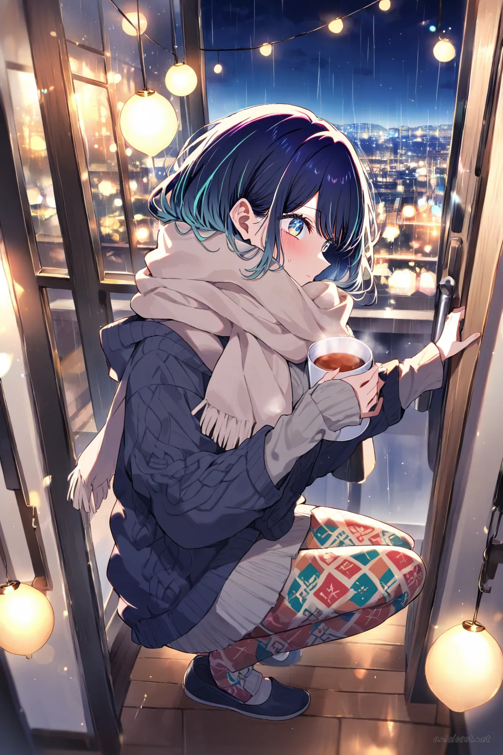 Akane Kurokawa in a long knit tunic and patterned leggings, wearing a chunky scarf, holding a warm mug, leaning on balcony door with rain-streaked glass