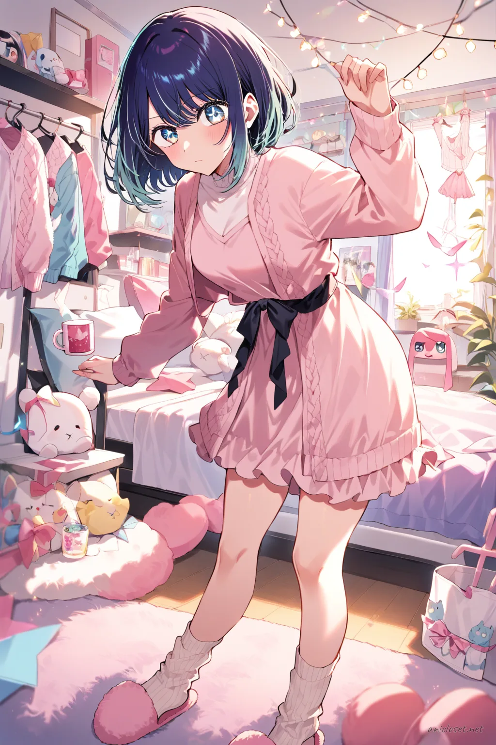 Akane Kurokawa in soft pink satin lounge dress with ribbon waist and lace hem, fluffy slippers, holding ceramic mug, standing in bedroom with hanging clothes and string lights