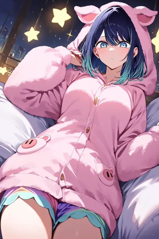 Illustration of Akane Kurokawa wearing pastel pink animal pajama hoodie with sewn plush pig ears, matching shorts, fuzzy knit socks, holding a blanket and pillow in a living room