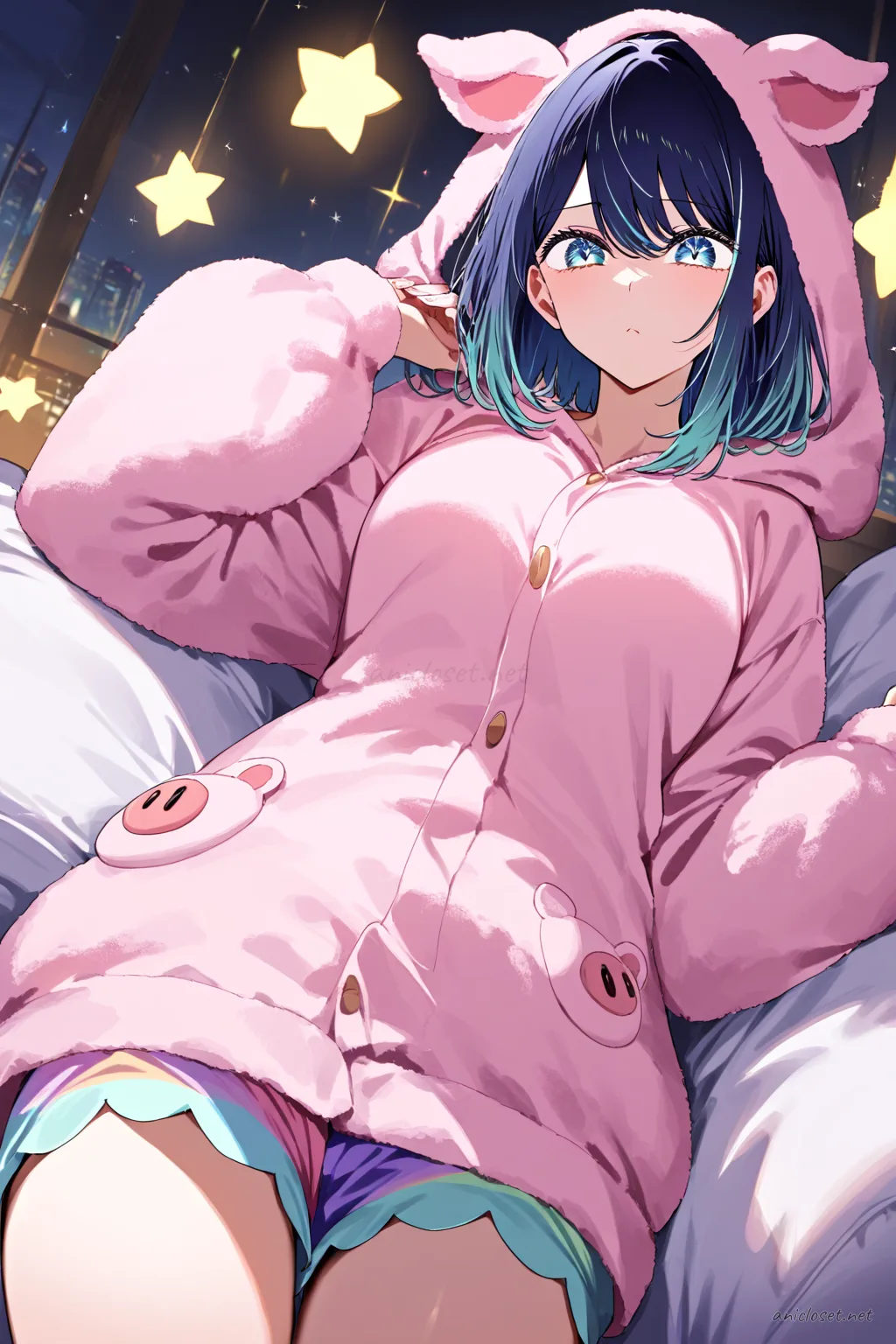 Illustration of Akane Kurokawa wearing pastel pink animal pajama hoodie with sewn plush pig ears, matching shorts, fuzzy knit socks, holding a blanket and pillow in a living room