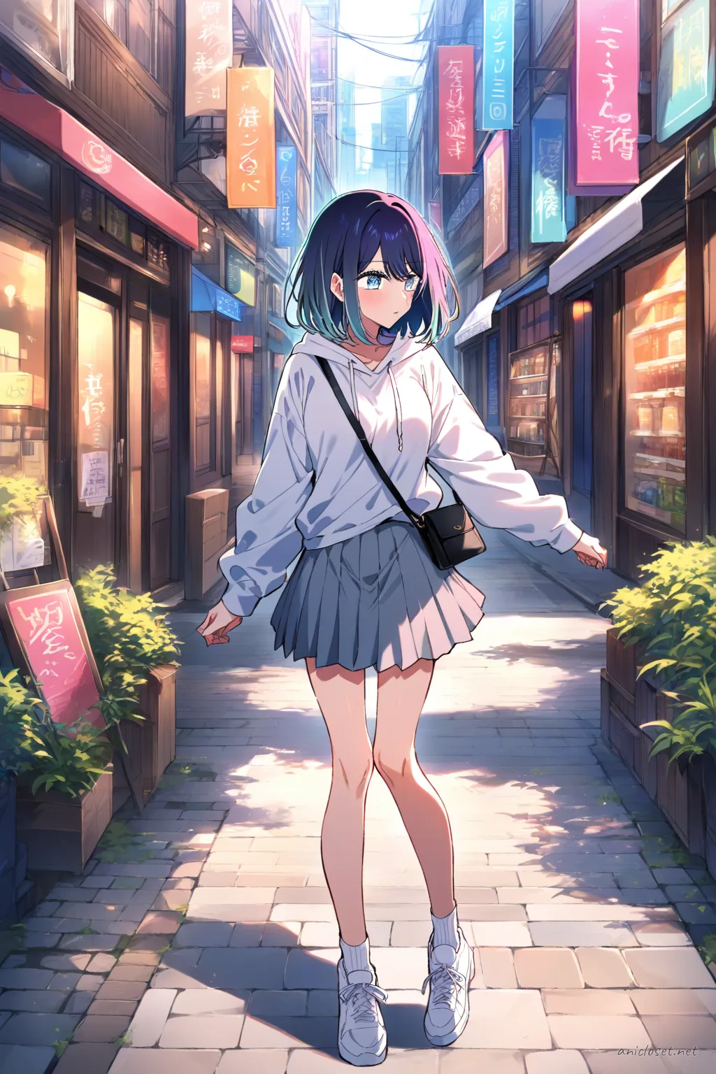 Illustration of Akane Kurokawa mid-stride on a sunlit shopping street wearing an oversized pastel hoodie, pleated mini skirt, striped thighhigh socks, sneakers, and crossbody bag