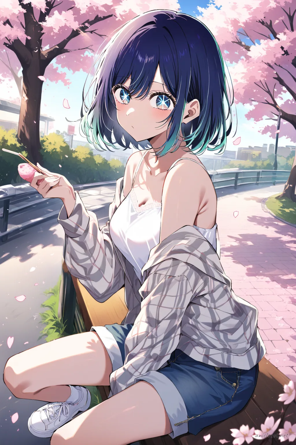 Full-body illustration of Akane Kurokawa wearing a red plaid shirt layered over a white camisole, denim shorts, and white sneakers, sitting on a curb with ice cream, cherry trees, and a park path in the background