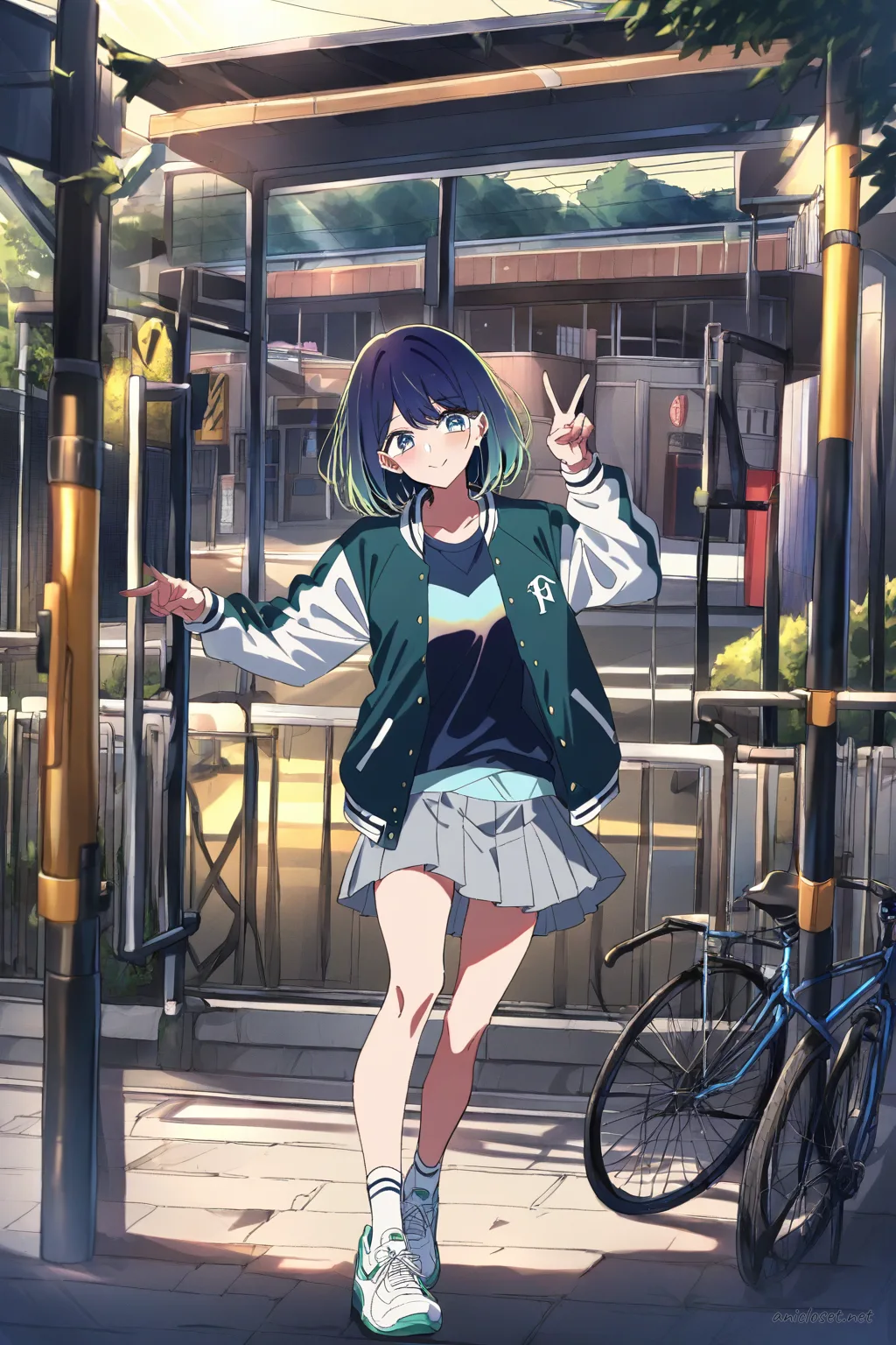 Akane Kurokawa wearing a varsity jacket, tennis skirt, over-the-knee socks, and sneakers, posing with a peace sign outside a school gate with bike racks and late-afternoon shadows