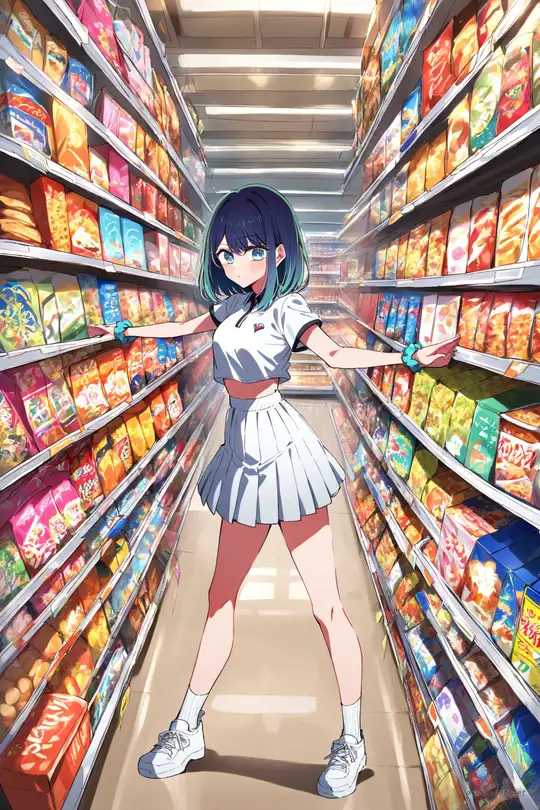 Full body illustration of Akane Kurokawa standing in a bright plaza wearing a white cropped tee, white tennis skirt, white sneakers, and a single scrunchie