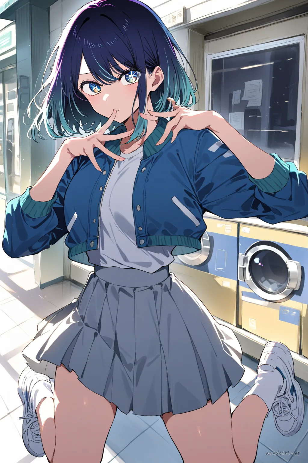Illustration of Akane Kurokawa wearing a fitted bomber jacket, simple A-line skirt, and white sneakers, posed near train tracks with overcast city light