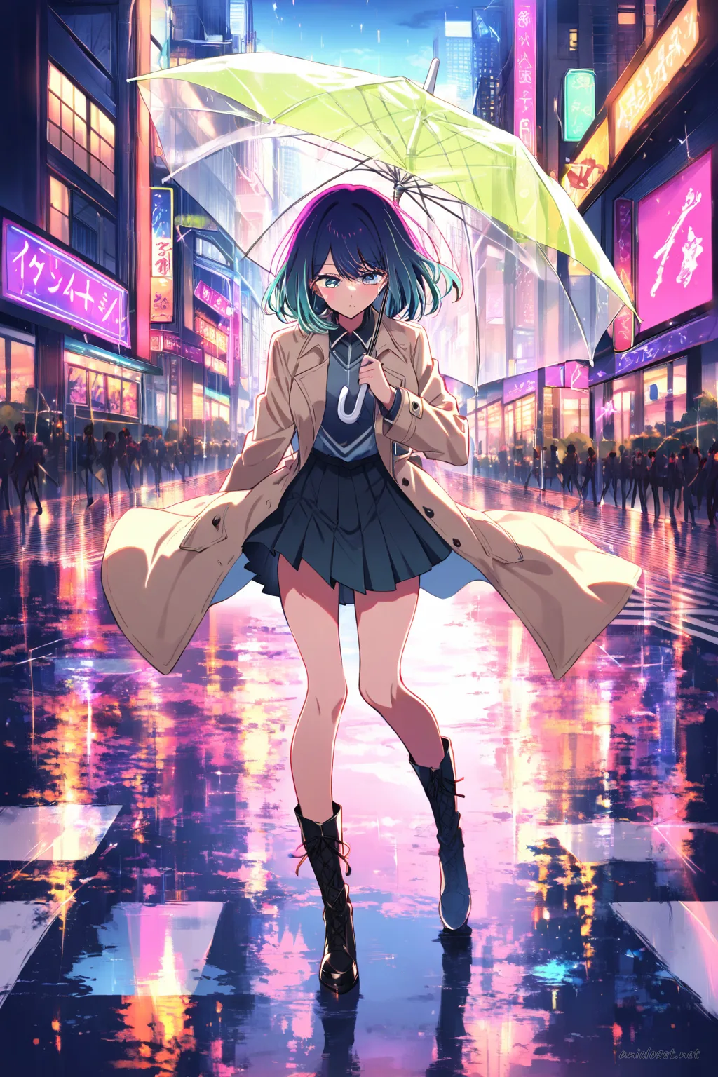 Akane Kurokawa in pastel beige trench coat with ribbon belt, pleated skirt, mid-calf boots, holding clear umbrella on rainy shopping street, front view cowboy shot