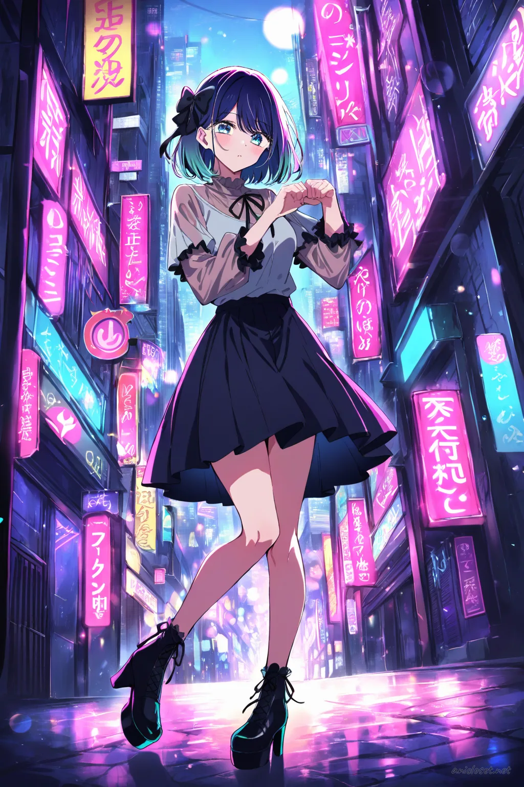 Illustration of Akane Kurokawa in a shiny black cropped jacket, cropped graphic tee, low-rise cargo mini skirt, chunky boots, and chain belt walking in a neon-lit alley