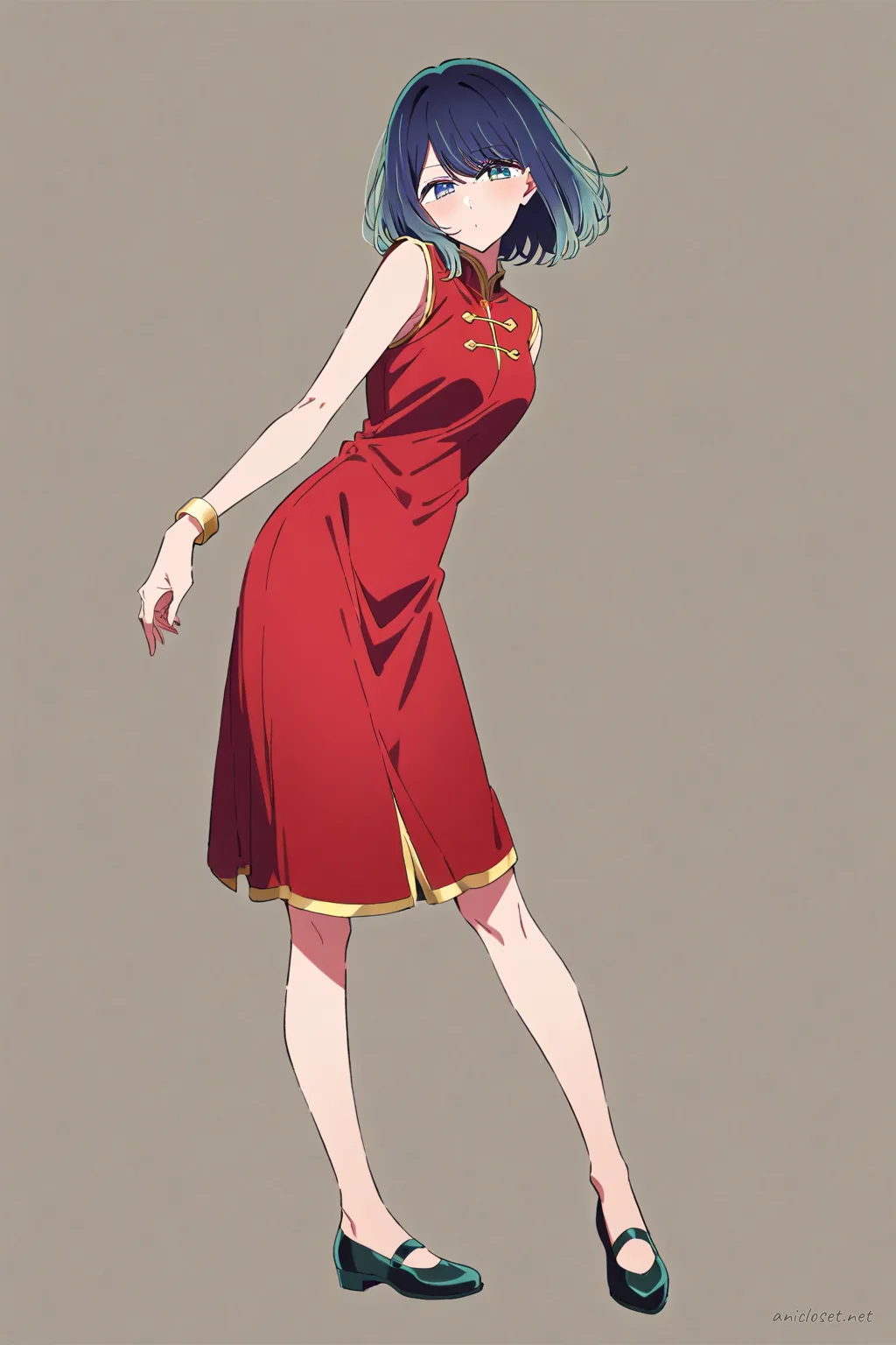 Full-body illustration of Akane Kurokawa wearing a classic red qipao with gold trim, frog buttons, and modest hem, standing against a clean studio backdrop