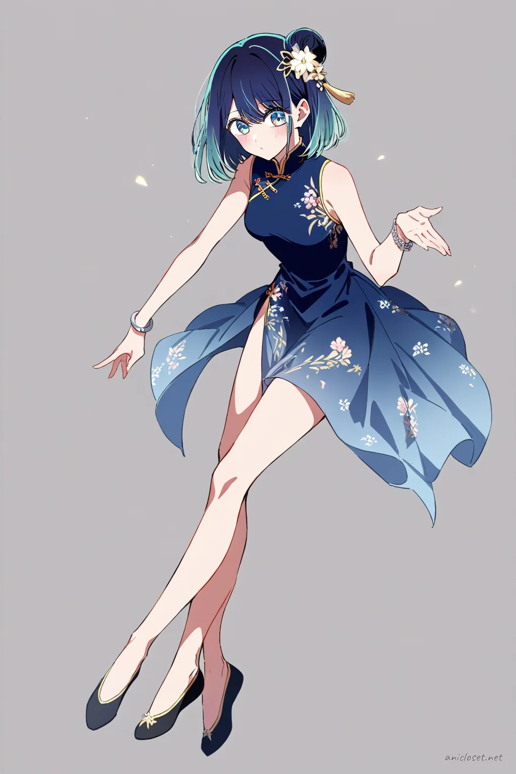 Akane Kurokawa in navy cheongsam with floral embroidery, side slits, and mandarin collar, knee-up half-body studio shot
