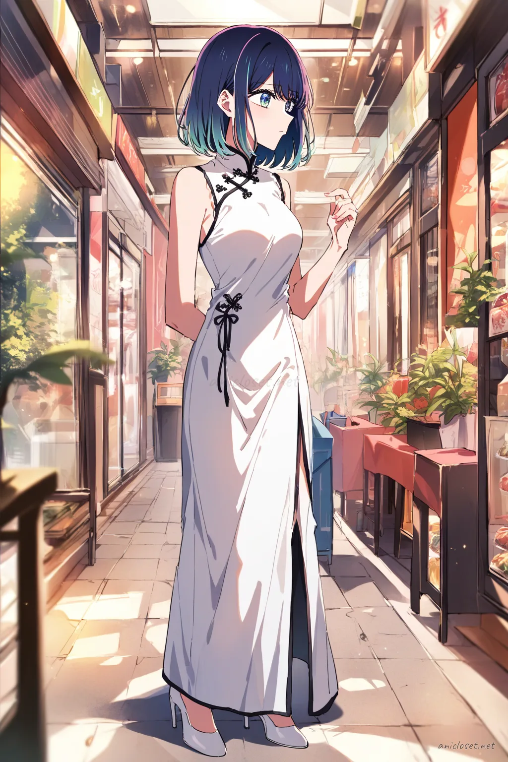 Full-body illustration of Akane Kurokawa wearing a white silk qipao with soft lace trim and delicate frog buttons, standing against a clean studio backdrop