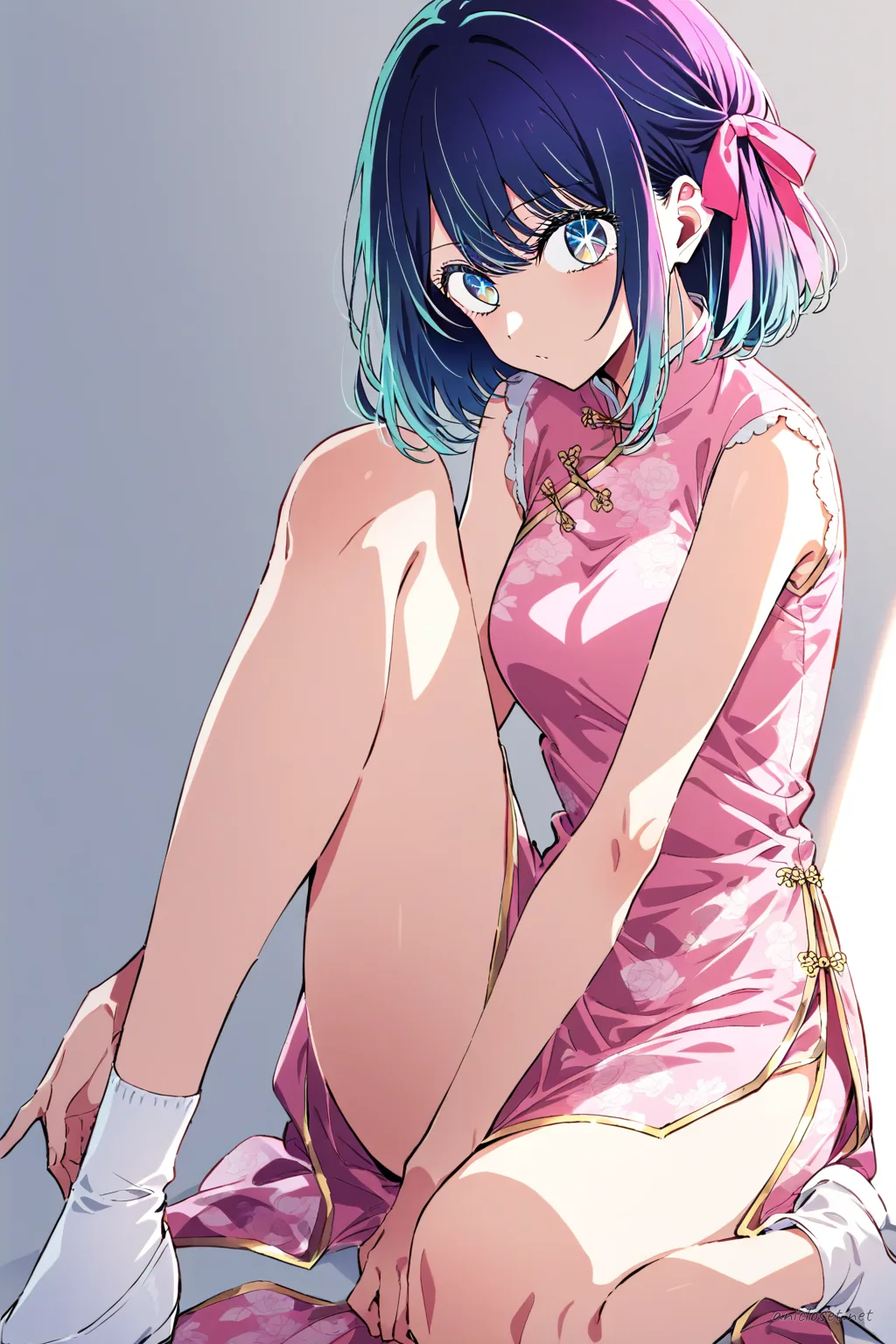 Full body front view of Akane Kurokawa in pastel pink qipao with floral embroidery, mandarin collar, side slit, fitted silhouette, and hair ribbon, wearing shoes