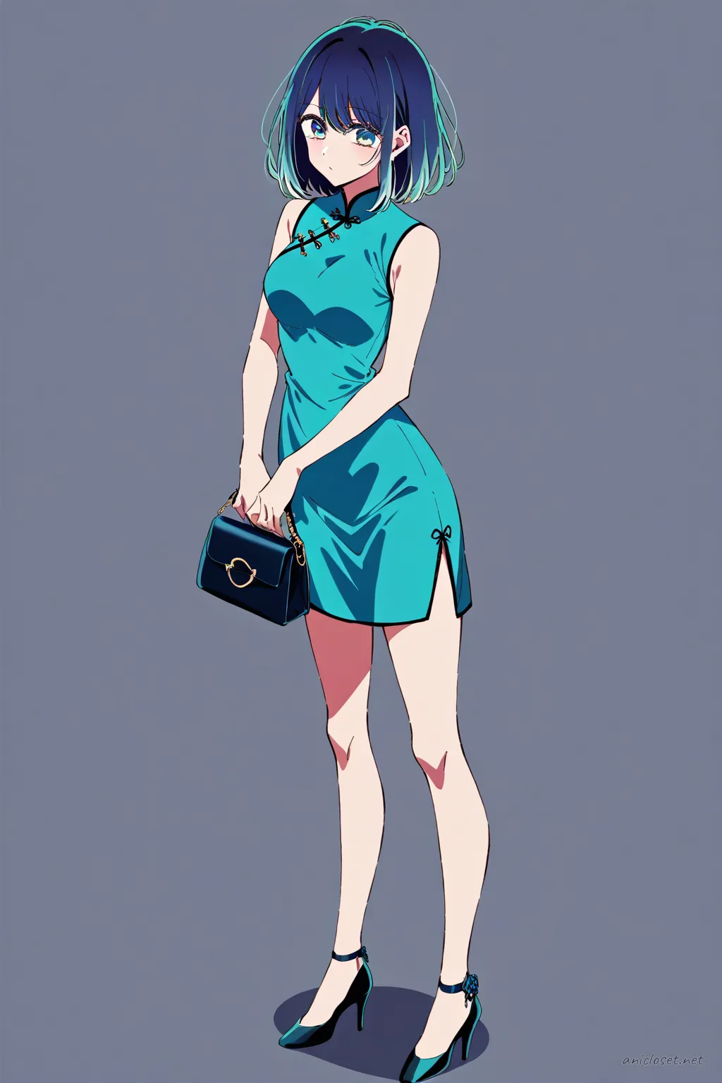 Illustration of Akane Kurokawa wearing a modern short teal qipao dress with mandarin collar, side slits, sleeveless design, high heels, and holding a small handbag