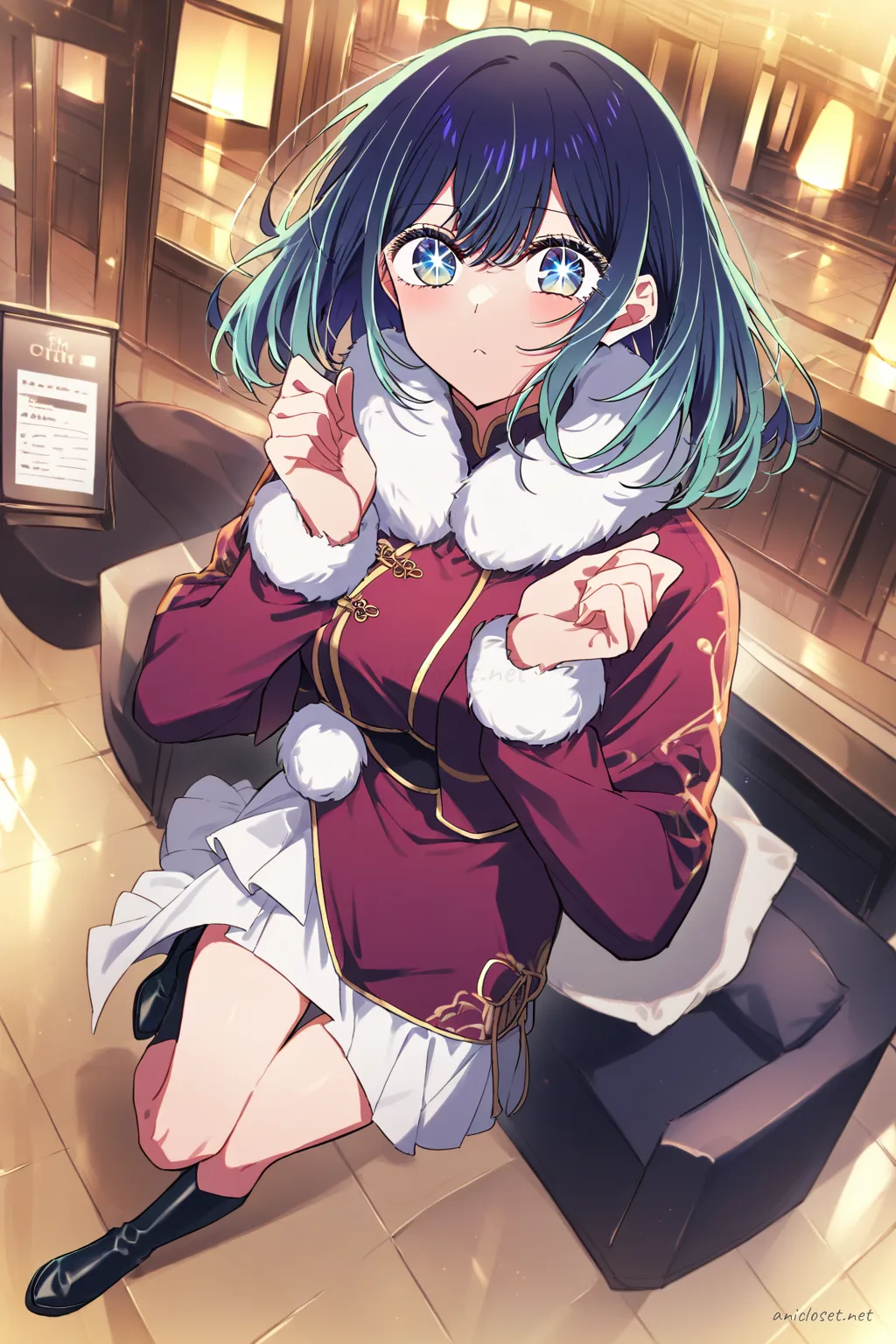 Full body illustration of Akane Kurokawa standing in a long sleeve winter qipao with slit skirt, cropped fur-trim jacket, fur cuffs, and mid-calf boots
