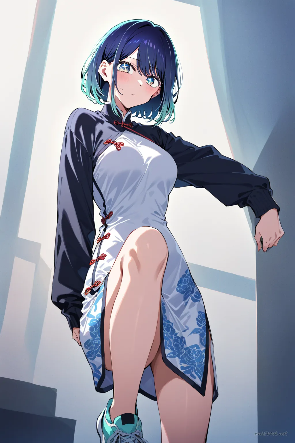 Illustration of Akane Kurokawa wearing a fitted qipao dress with side slits, layered under an oversized street hoodie and paired with sneakers