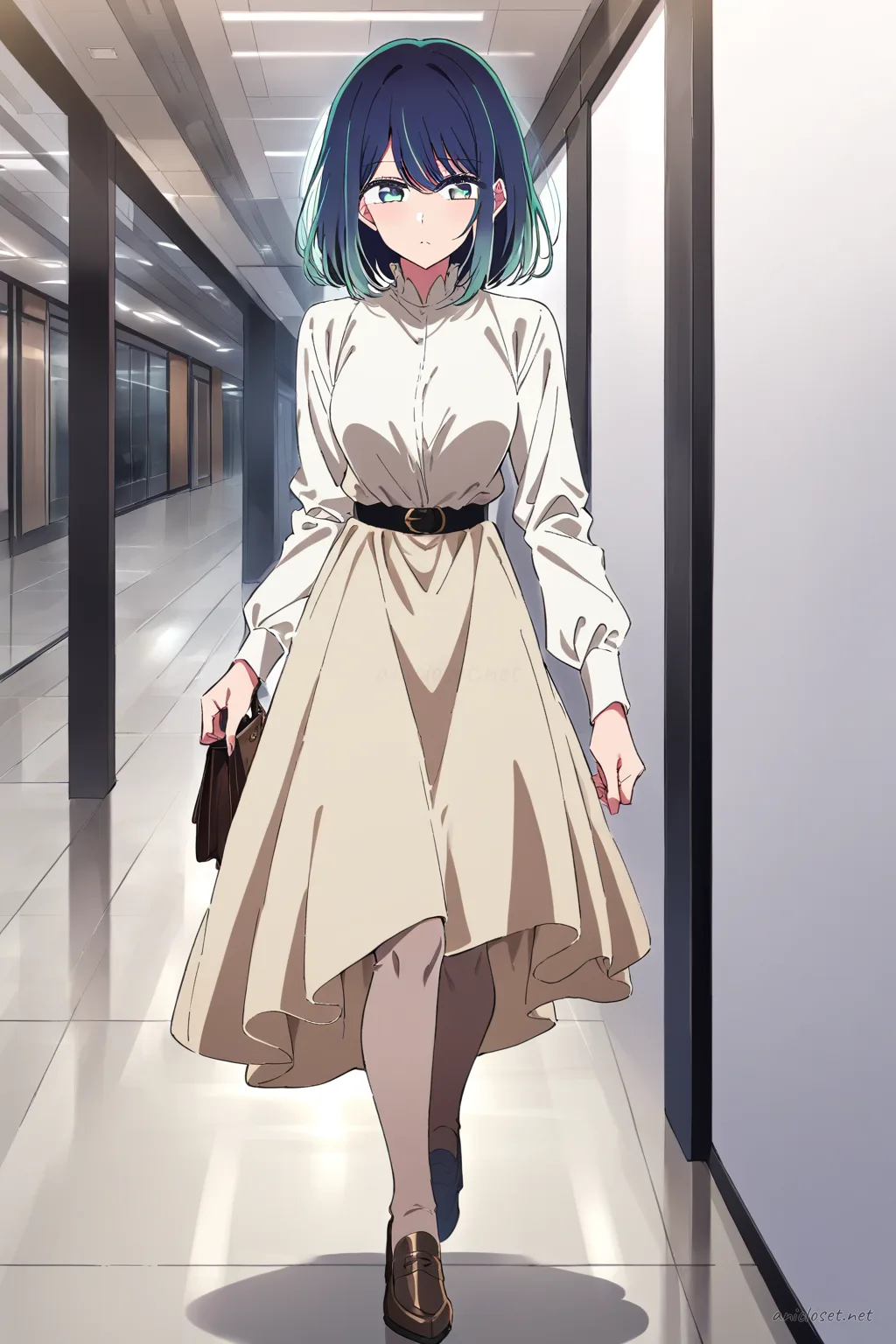 Illustration of Akane Kurokawa wearing a beige tailored blazer dress with belted waist and knee-length hem, carrying a leather tote bag in an office corridor, walking pose