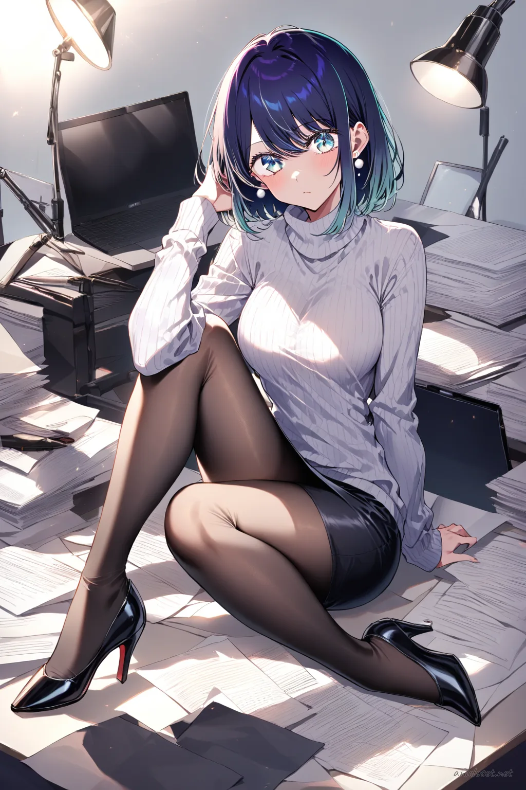 Akane Kurokawa wearing a black fitted pencil skirt, white blouse with small collar, pearl stud earrings, and black low heels, knee-up half-body shot