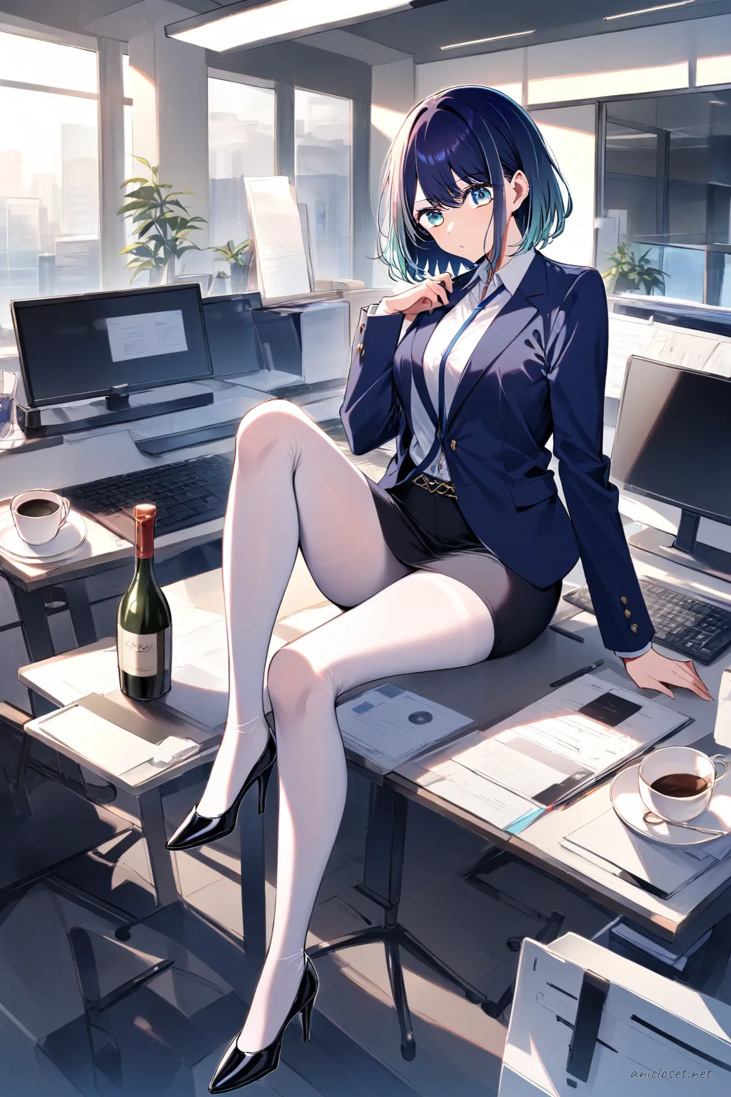 Akane Kurokawa in wine sheath dress and open blazer sitting on desk edge holding coffee cup, soft studio lighting