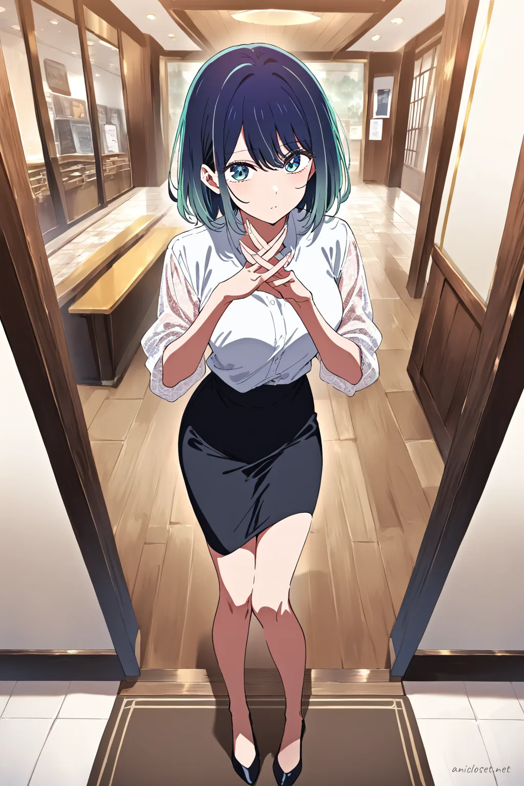 Akane Kurokawa wearing white blouse with sheer sleeves tucked into black midi pencil skirt, holding clipboard in bright conference room