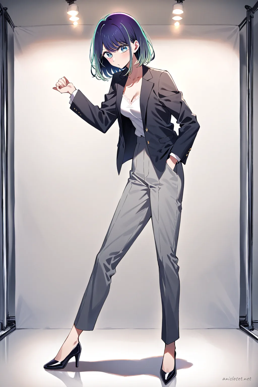 Full-body three-quarter view of Akane Kurokawa wearing a grey check pantsuit with fitted blazer, silk camisole, tailored trousers, and black heels, standing outside a glass building entrance with hand in pocket.