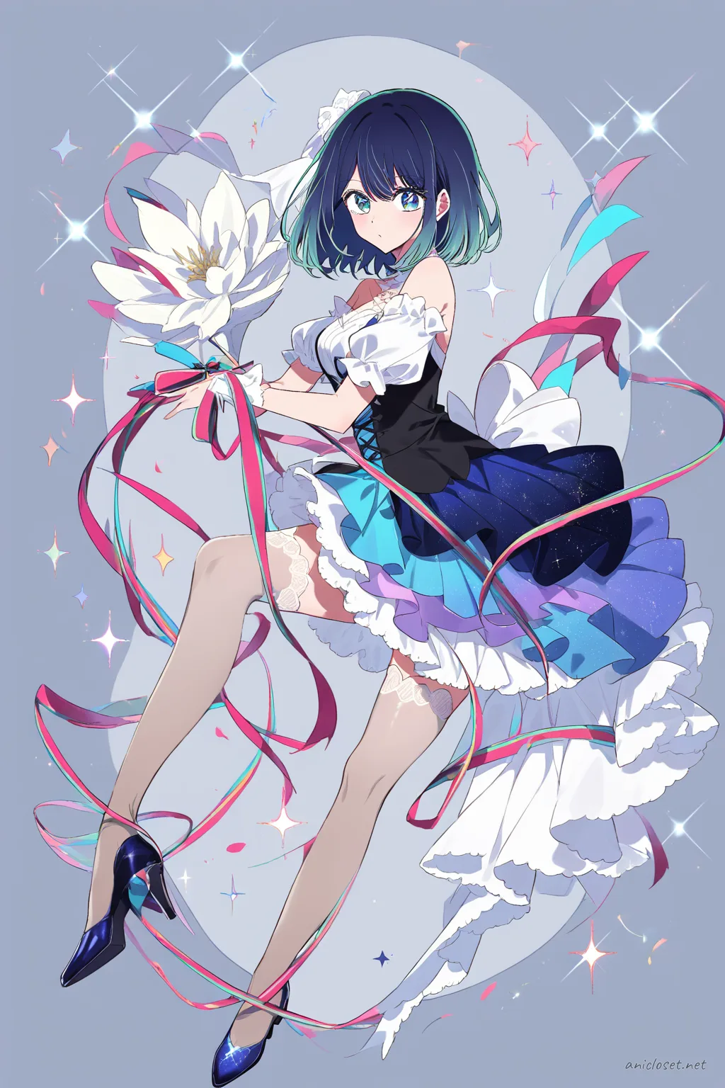 Illustration of Akane Kurokawa wearing an award-show idol mini dress with sparkle bodice, short layered skirt, and stage ribbon