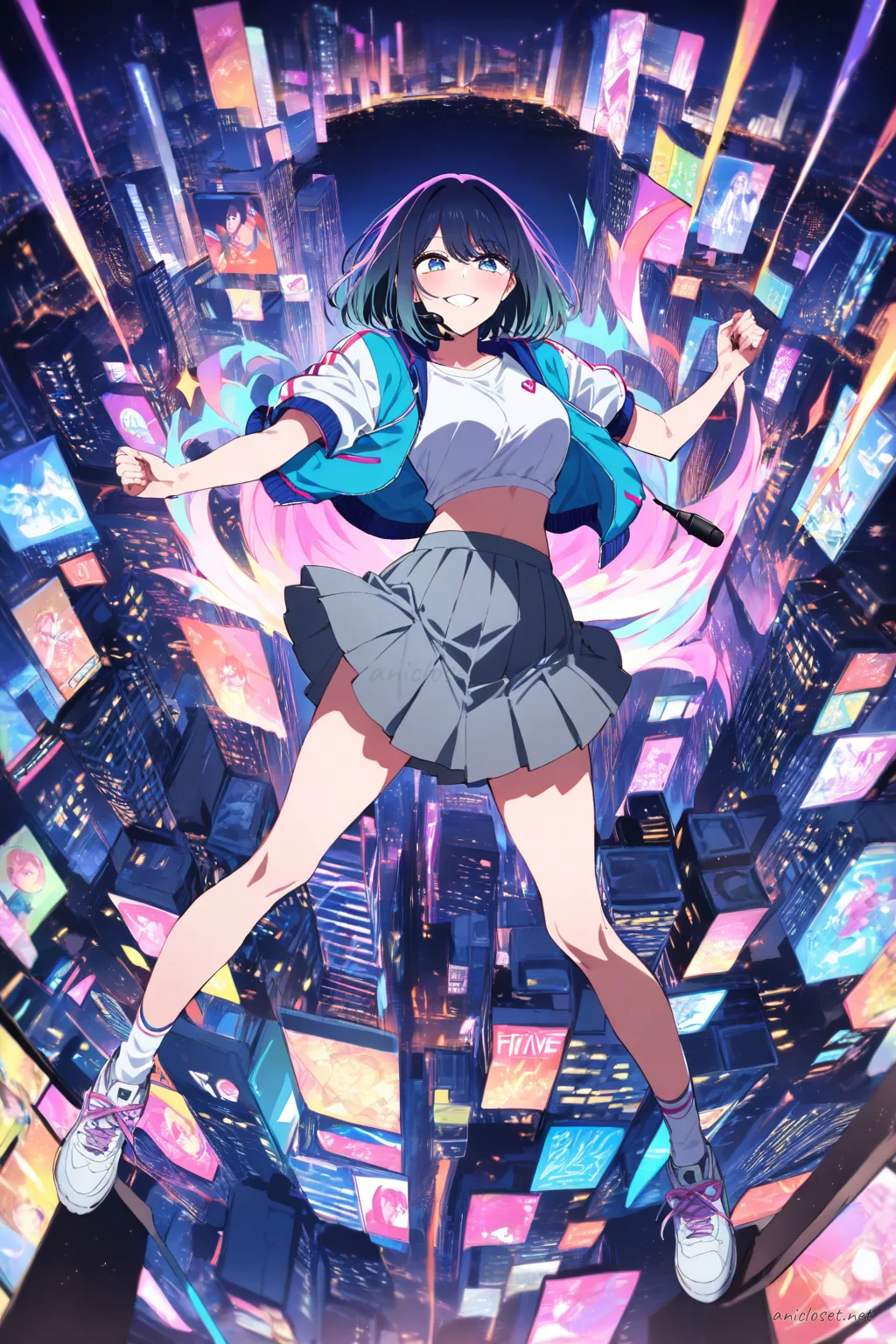 Illustration of Akane Kurokawa wearing a fitted sleeveless top and pleated mini skirt, holding a microphone, in sporty sneakers