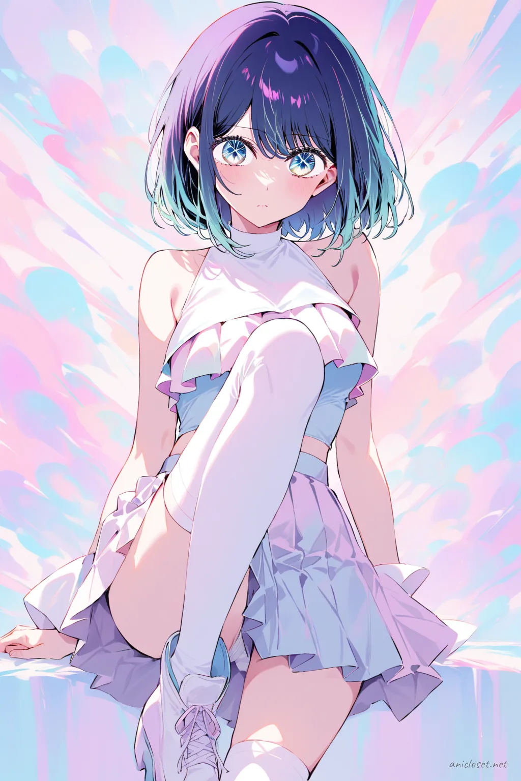 Knee-up half-body illustration of Akane Kurokawa wearing a pastel twin-ribbon costume with pleated skirt and pastel over-the-knee socks under soft studio lighting