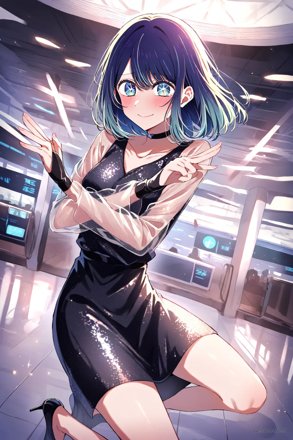 Full body front view illustration of Akane Kurokawa in a black sequin dress with sheer long sleeves, high slit, neck ribbon, fingerless gloves, and stiletto heels