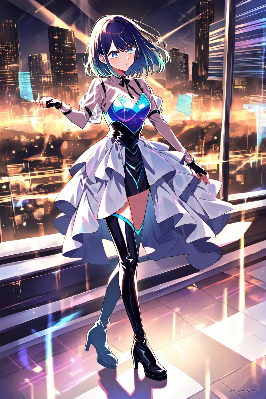 Full-body three-quarter view of Akane Kurokawa in a futuristic idol costume with glossy panels, sheer sleeves, neck ribbon, fingerless gloves, and thigh-high boots