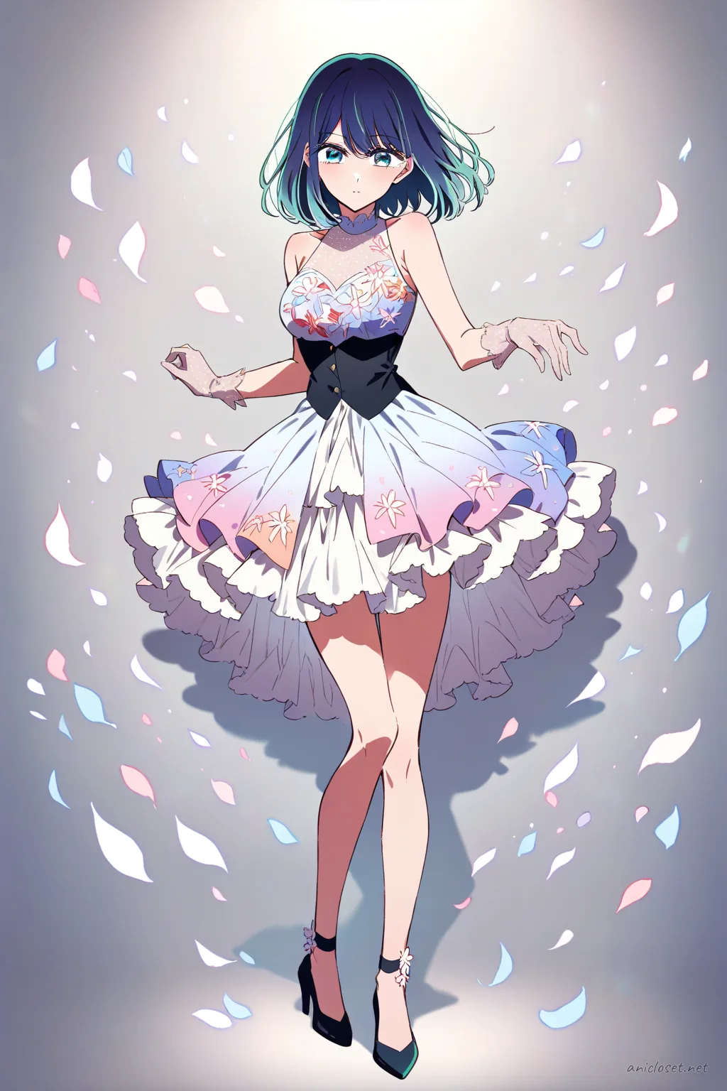 Full body front view of Akane Kurokawa wearing a flower motif idol dress with petal layered skirt and ankle strap heels