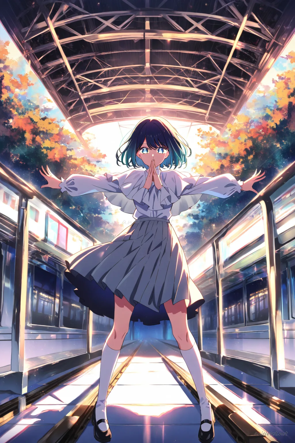 Full body illustration of Akane Kurokawa standing in winter idol costume with capelet, long sleeve blouse, pleated skirt, knee high socks, mary janes, and ribbon