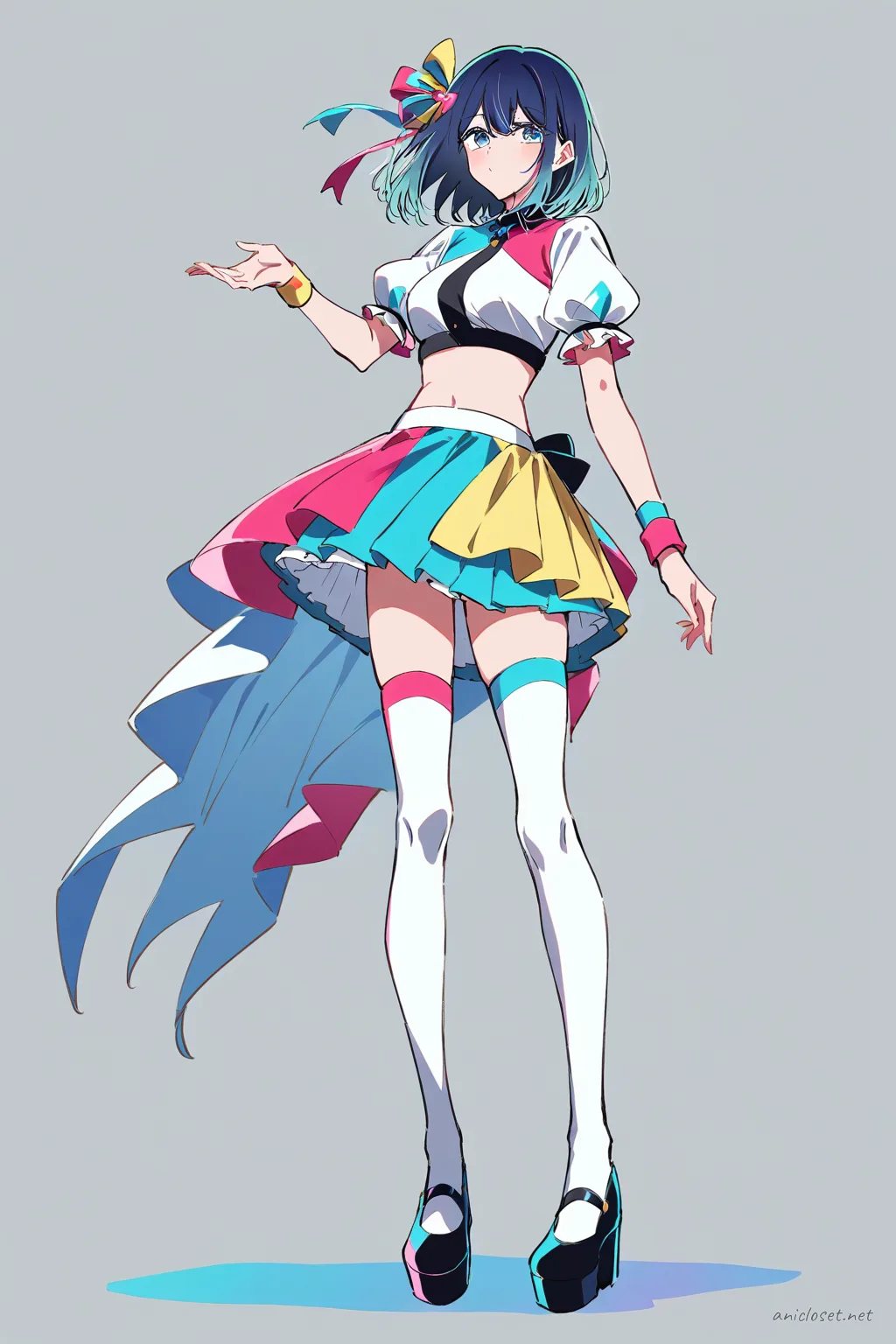 Knee-up half-body illustration of Akane Kurokawa in a sparkly crop top, pleated mini skirt, fingerless gloves, thigh-high stockings, and platform boots with microphone headset under soft studio lighting