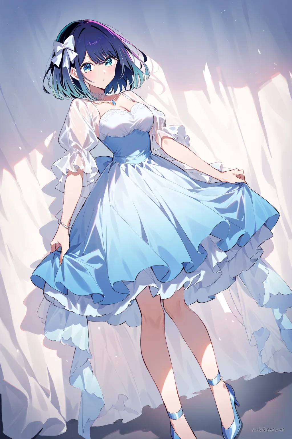 Full body profile of Akane Kurokawa in pastel midi chiffon dress with ruffled hem, puff sleeves, fitted waist, hair ribbons, and mary janes
