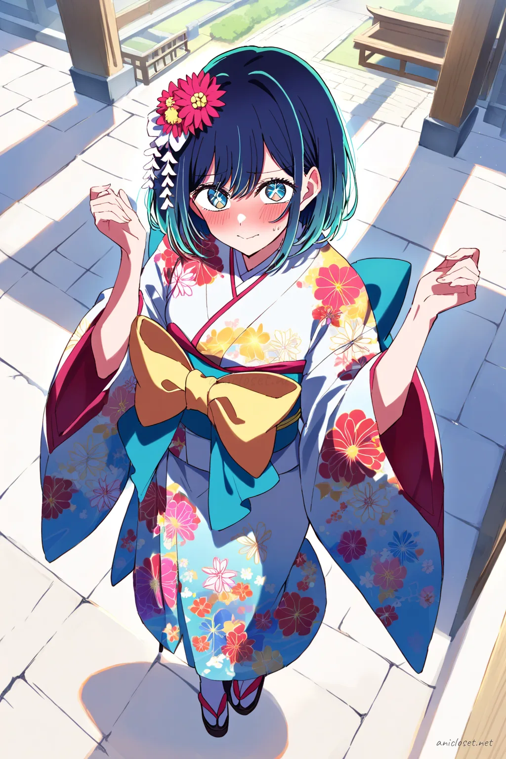 Full body front view of Akane Kurokawa wearing a short modern kimono-dress with bold floral print, high-contrast obi sash, and lace tabi boots