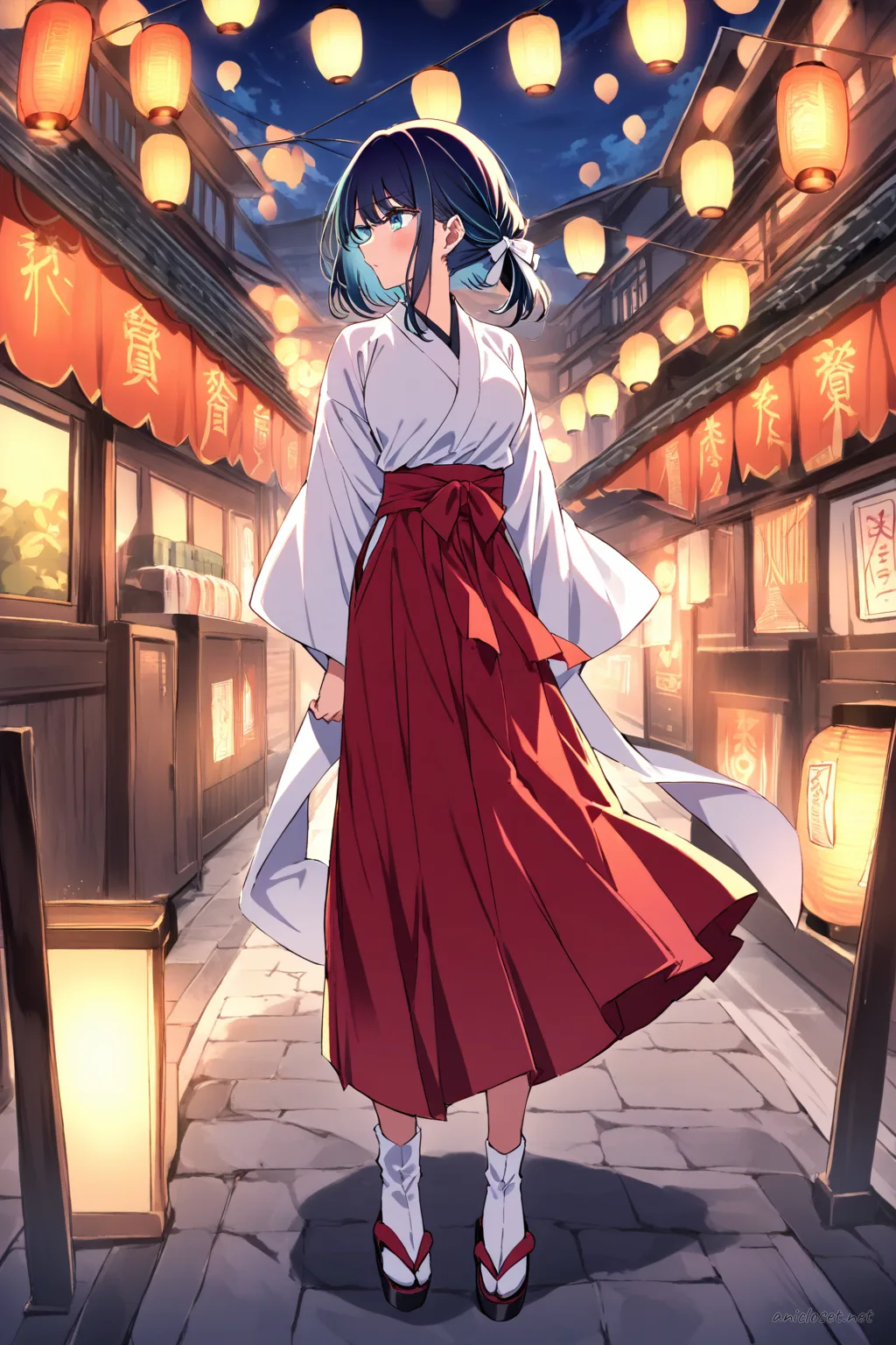Full body front view of Akane Kurokawa in shrine maiden kimono with white kosode, red hakama, ribbon hair ties, ofuda charm, tabi socks, and zori sandals