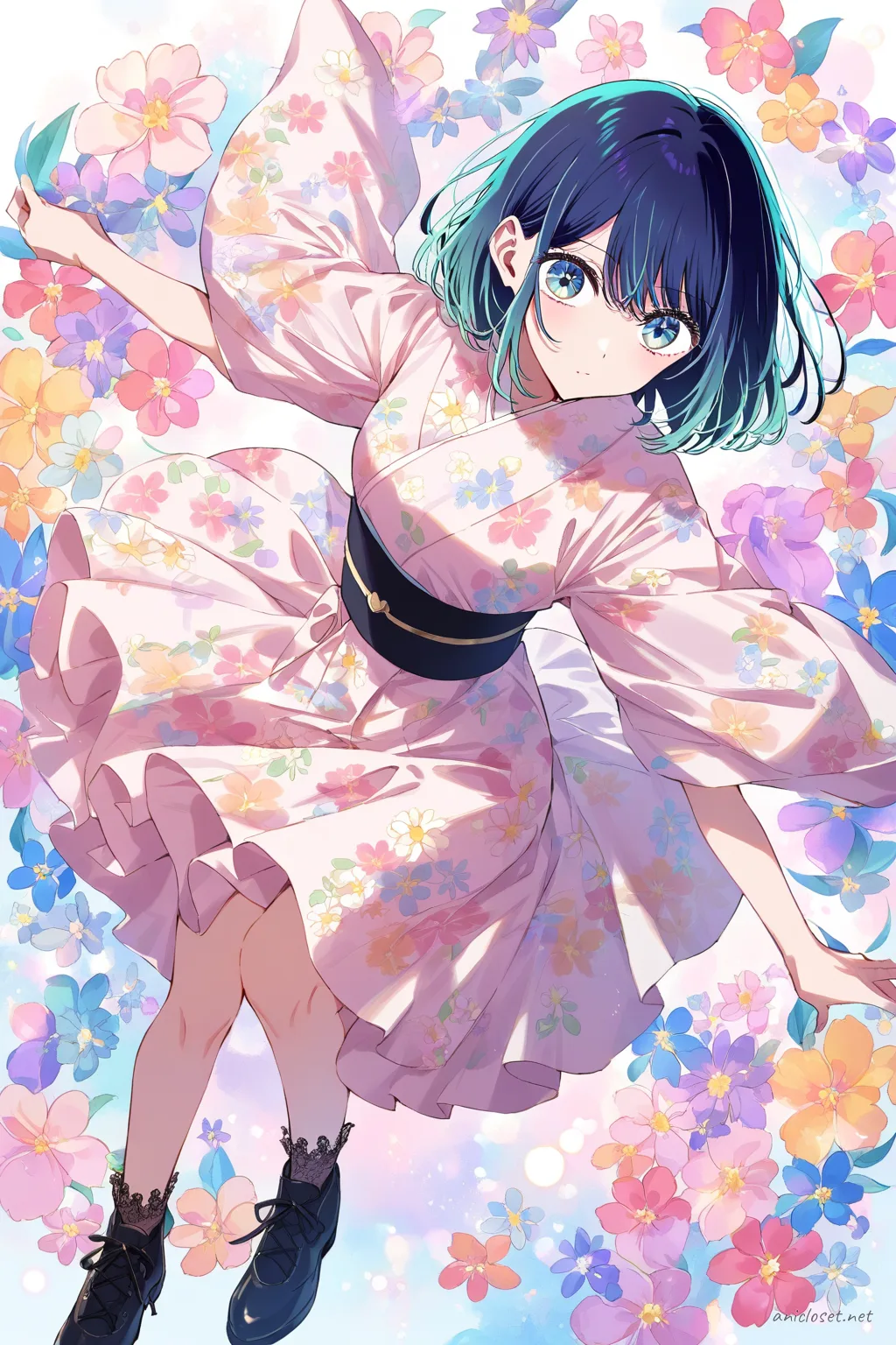 Illustration of Akane Kurokawa wearing a pastel modern kimono dress with soft floral patterns, simplified obi belt, and cute ankle boots