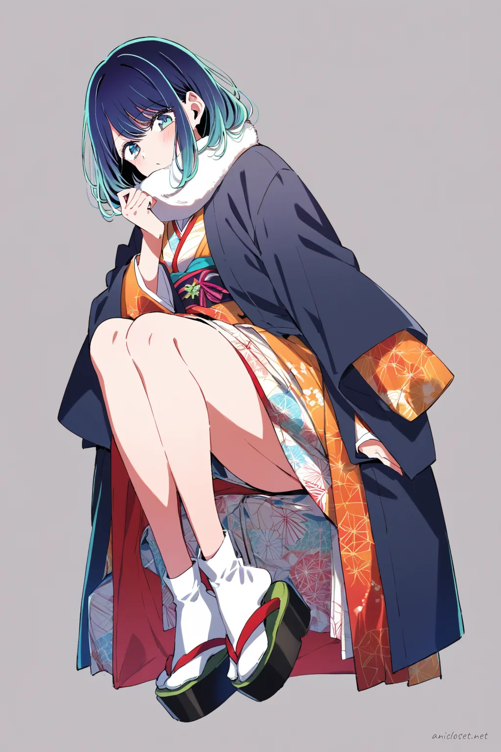 Illustration of Akane Kurokawa in cropped haori over fitted tank and high-slit hakama skirt with sneakers, mid-stride in plaza under soft daylight