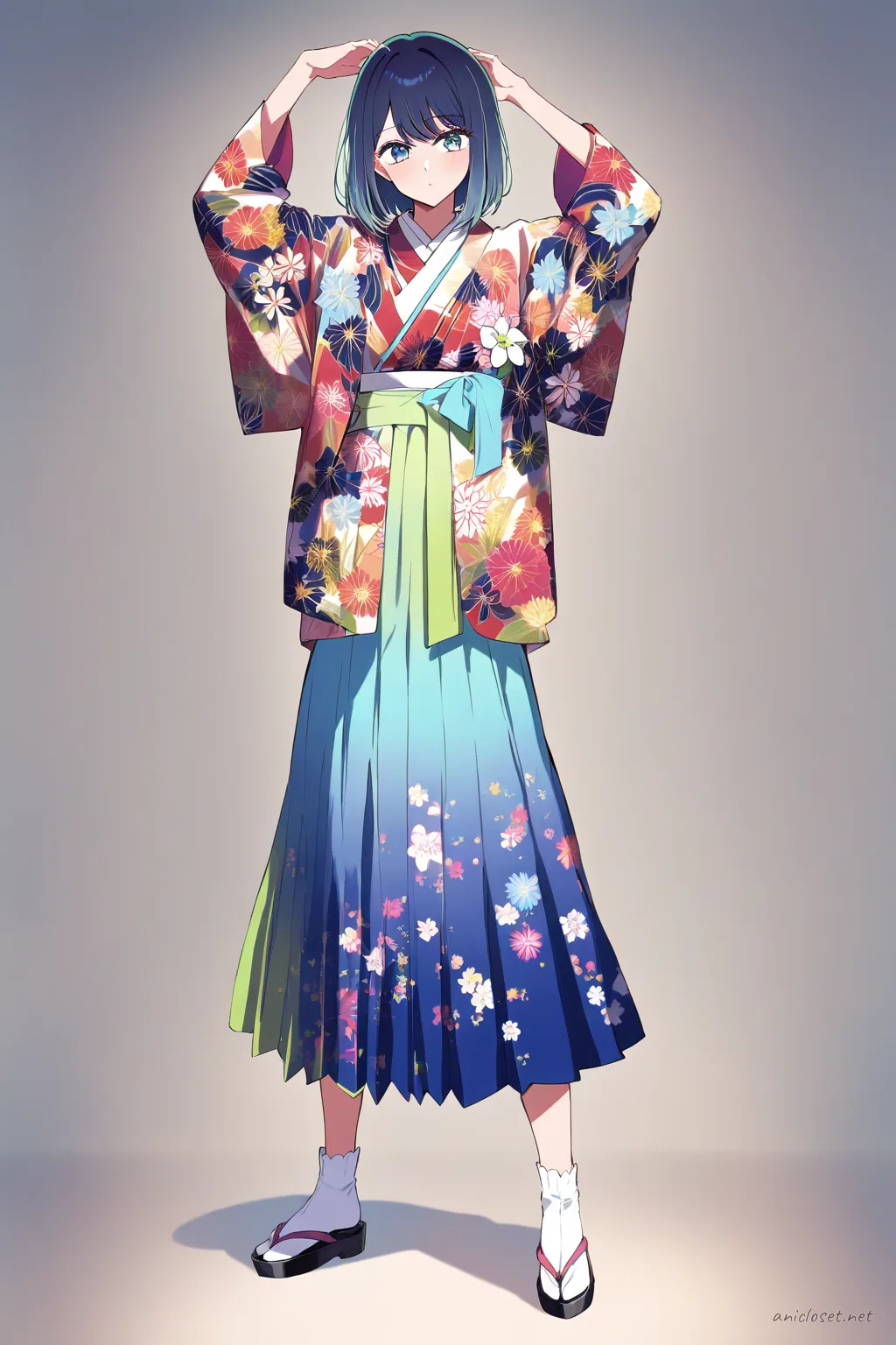Illustration of Akane Kurokawa in a colorful graduation hakama set over floral kimono, wearing flower corsage, tabi socks, and zori sandals, cowboy shot from front