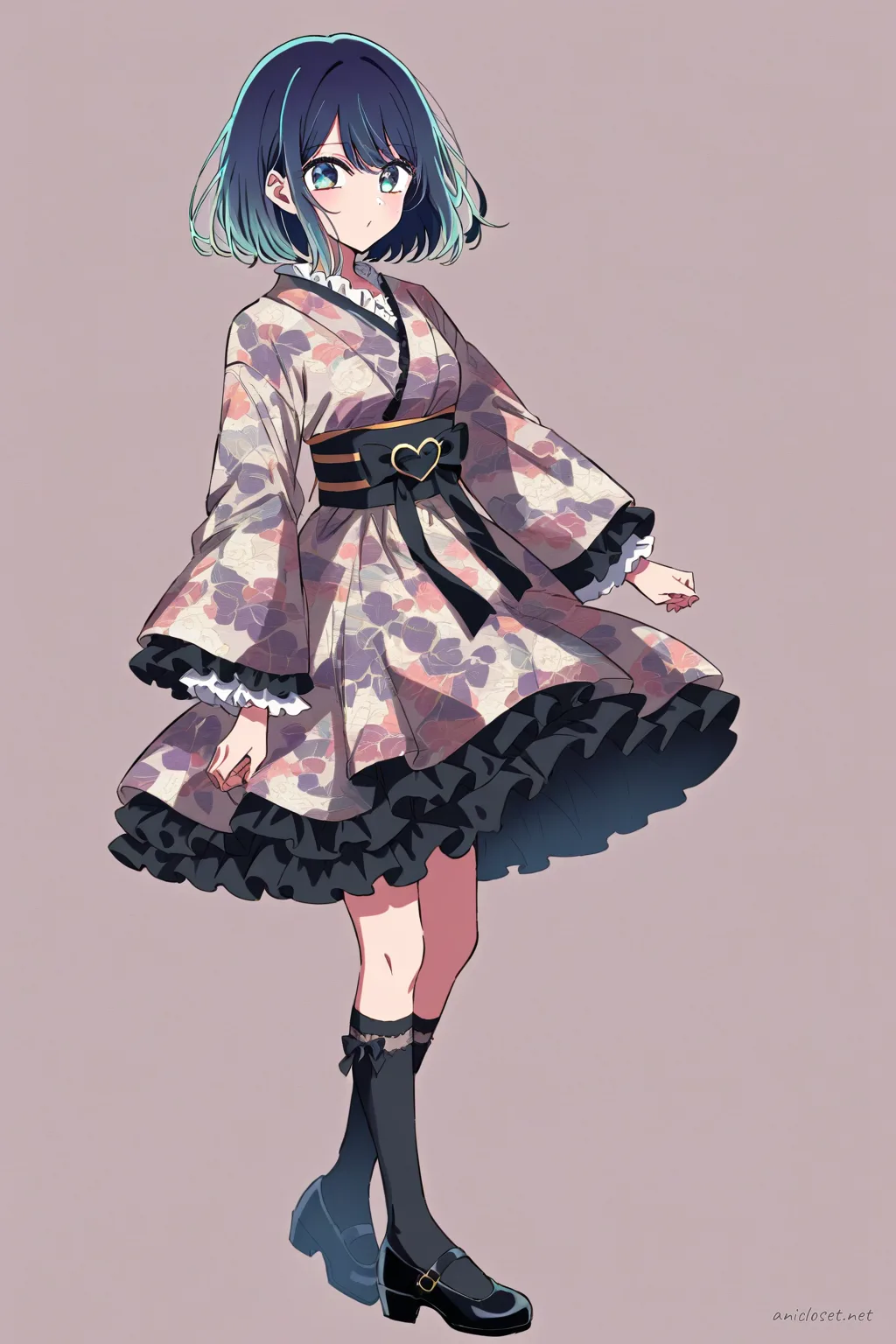 Full body illustration of Akane Kurokawa standing in a modern wa-Lolita hybrid kimono with kimono sleeves, frilly petticoat skirt, ribbon bow, tabi socks, and zori sandals