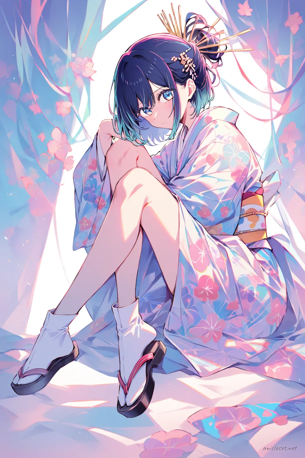 Illustration of Akane Kurokawa wearing a pastel komon kimono with a neat obi and floral hairpin