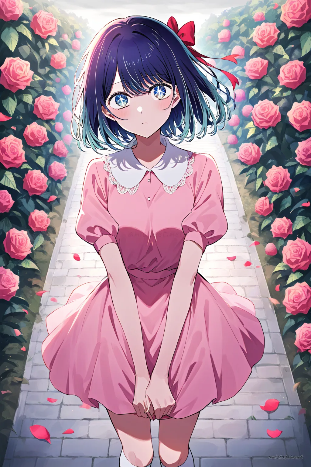 Illustration of Akane Kurokawa wearing a pastel pink cupcake print jumper skirt with puff-sleeve blouse and head bow in a cowboy shot pose